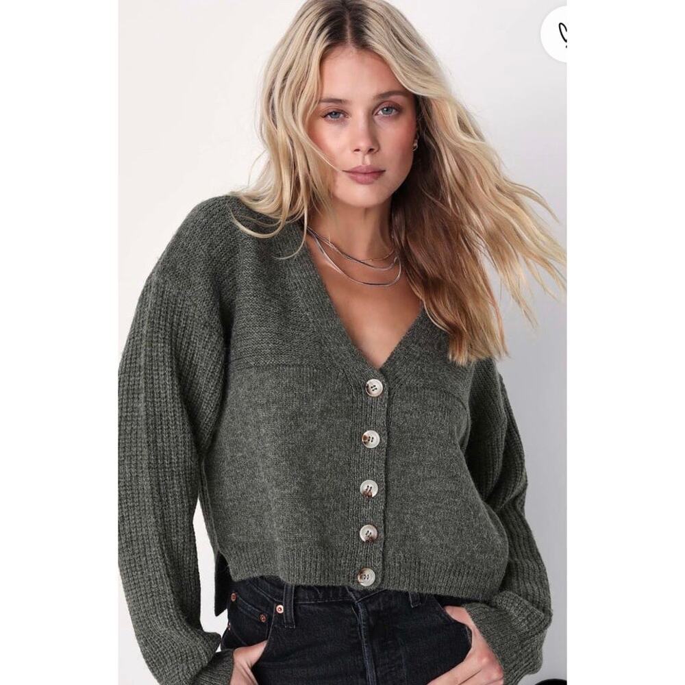 Lulus Came for Cozy Heather Olive Green Button-Up Cardigan Sweater Size S - Picture 2 of 6